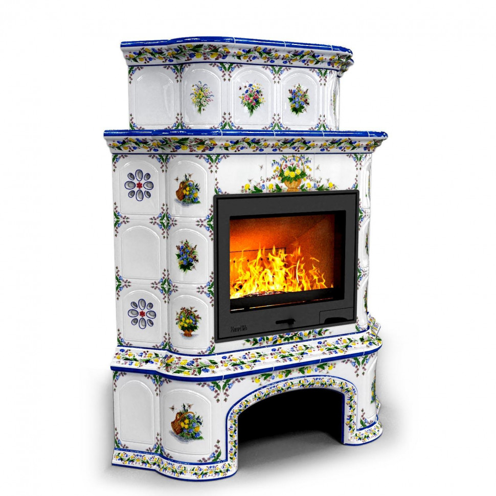 Печь изразцовая КимрПечь угловая двухъярусная Прованс с дровяником (700)