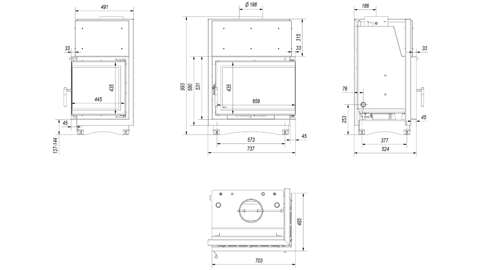 Топка с водяным контуром ZUZIA/PW/BP/19/BS/W/DECO, Г-образное стекло справа, змеевик